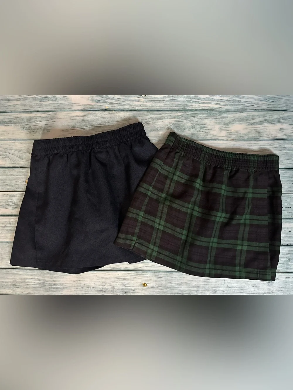 Two Pleated Mini Skirt Skorts School Uniform Navy & Green Plaid Wrap Skirt